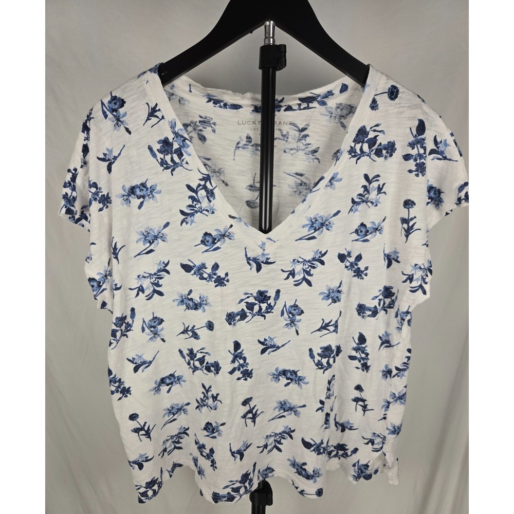 Lucky Brand Womens M Blue Floral V Neck T Shirt Cotton Modal Dolman Sleeve